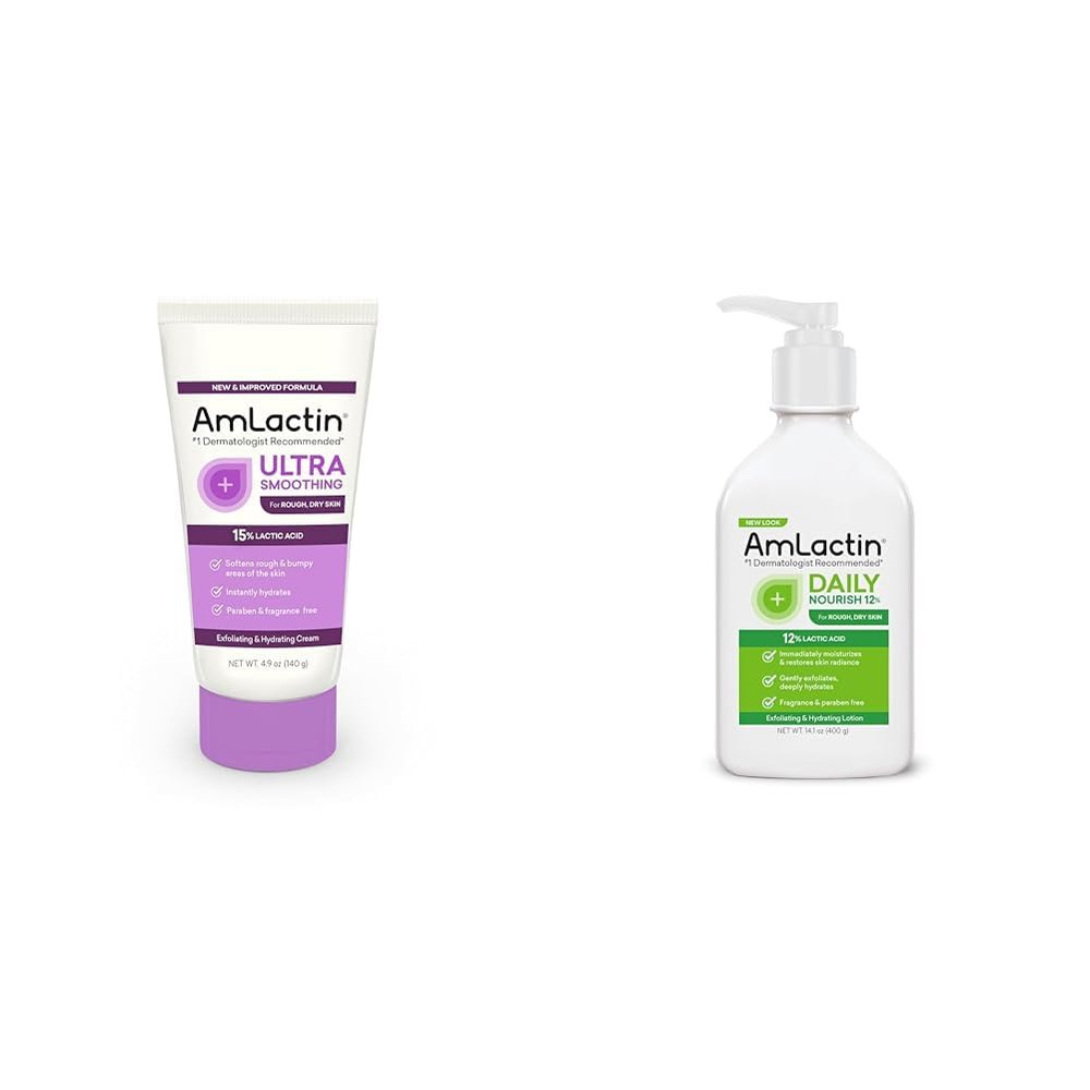 AmLactin Ultra Smoothing - 4.9 oz Body & Hand Cream with 15% Lactic Acid - Exfoliator and Moisturizer & Daily Nourish 12% - 14.1 oz Body Lotion with 12% Lactic Acid - Exfoliator and Moisturizer