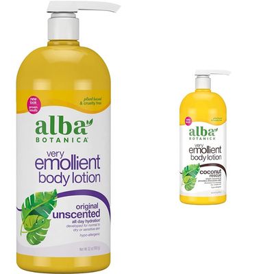Alba Botanica Very Emollient Body Lotion, Unscented Original, 32 Oz & Very Emollient Body Lotion, Coconut Rescue, 32 Oz