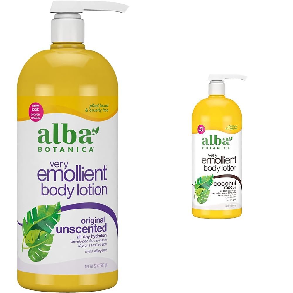Alba Botanica Very Emollient Body Lotion, Unscented Original, 32 Oz & Very Emollient Body Lotion, Coconut Rescue, 32 Oz