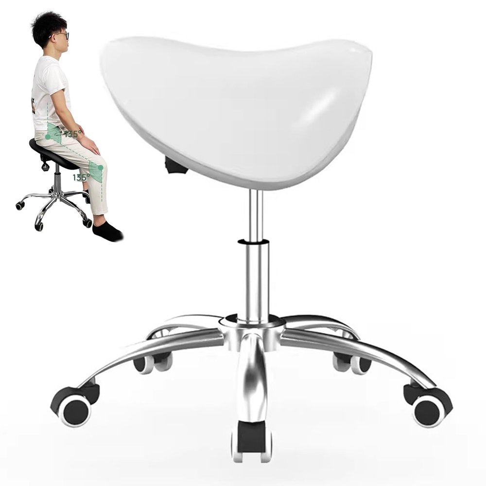 SAYOBO Mobile Swivel Rolling Chair Adjustable, Office Beauty Lift Saddle Stool for Healthy Back, Hydraulic Salon Posture Stool for Clinic Studio Massage (Color : White)