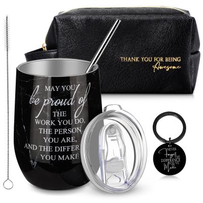 Dandat Set of 3 Thank You Gift for Men Employee Leather Toiletry Bag May You Be Proud of The Work 12oz Stainless Steel Tumbler with Keychain for Valentines Day Coworker Teacher Male Staff(Obsidian)