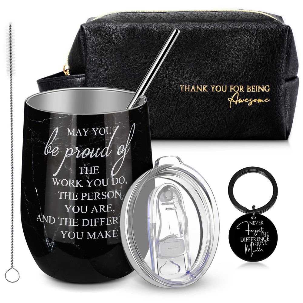 Dandat Set of 3 Thank You Gift for Men Employee Leather Toiletry Bag May You Be Proud of The Work 12oz Stainless Steel Tumbler with Keychain for Valentines Day Coworker Teacher Male Staff(Obsidian)