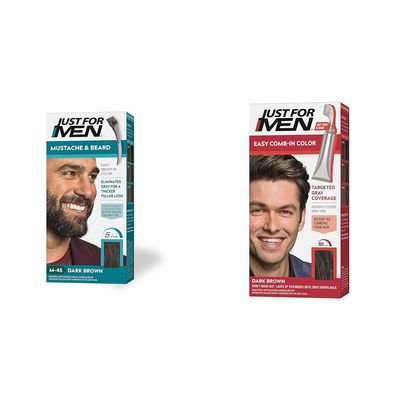Just For Men Mustache & Beard, Beard Dye for Men with Brush Included for Easy Application & Easy Comb-In Color Mens Hair Dye, Easy No Mix Application with Comb Applicator - Dark Brown