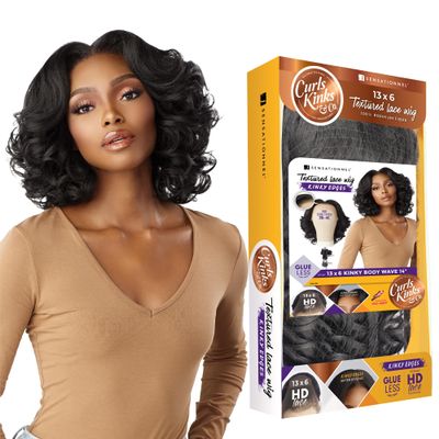 Sensationnel Curls Kinksandco Kinkyedges Wig - Kinky Body Wave 14 Inch 13X6 Lace Frontal Natural Kinkytexture Edged Hairline for Natural 3C to 4C Hair Textures (BALAYAGECHOCOLATE)