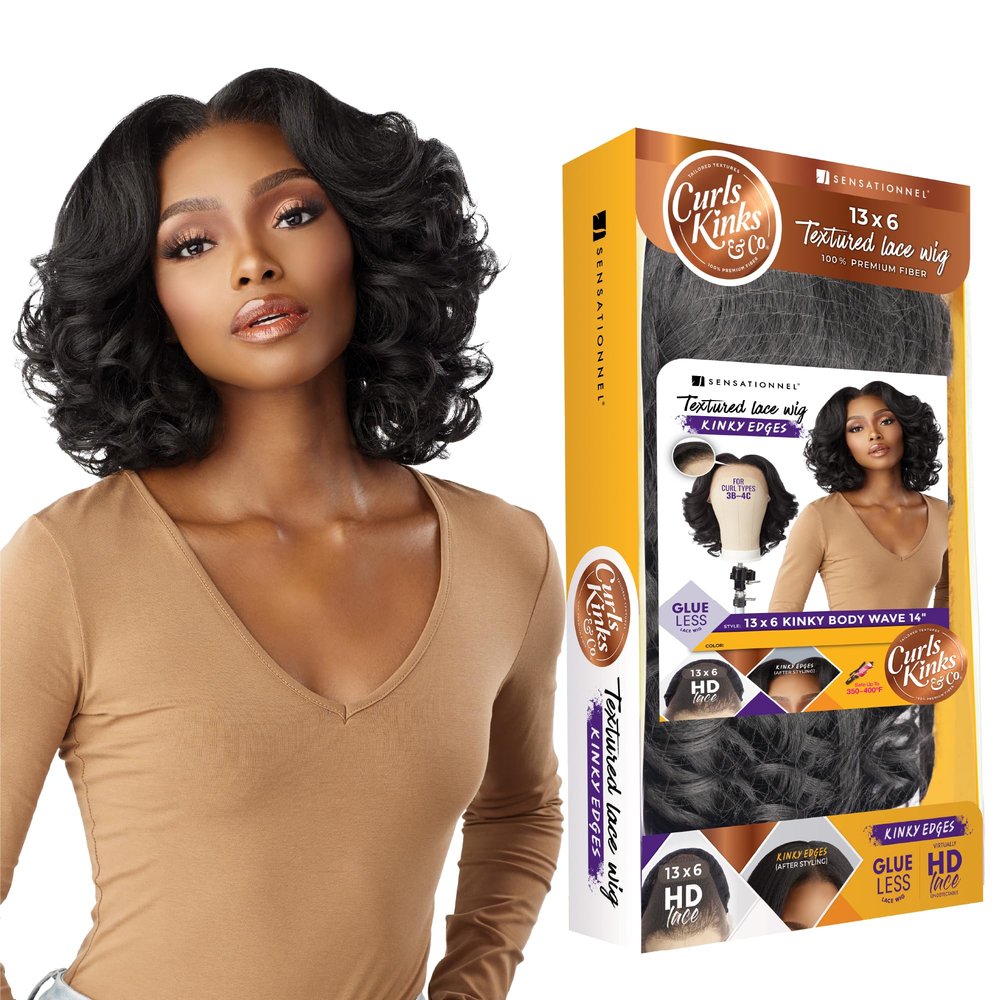 Sensationnel Curls Kinksandco Kinkyedges Wig - Kinky Body Wave 14 Inch 13X6 Lace Frontal Natural Kinkytexture Edged Hairline for Natural 3C to 4C Hair Textures (BALAYAGECHOCOLATE)