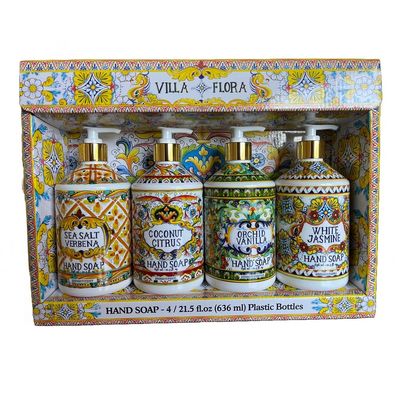 Home and Body Company Hand Soap Villa Flora Collection 16 FL/473ml Bottles infused with Essential Oils (SET OF 4) Sea Salt Verbena, Coconut Citrus, Orchid Vanilla, and White Jasmine