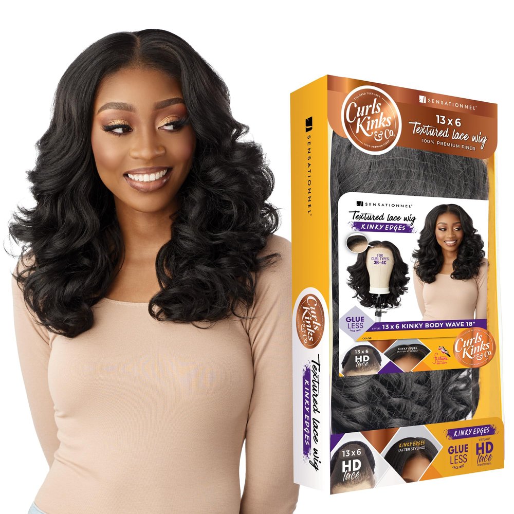 Sensationnel Curls Kinksandco Kinkyedges Wig - Kinky Body Wave 18 Inch 13X6 Lace Frontal Natural Kinkytexture Edged Hairline for Natural 3C to 4C Hair Textures (1 JETBLACK)