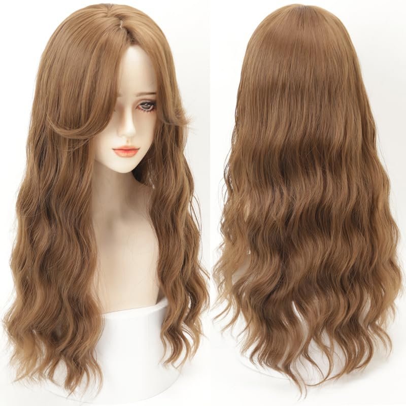 synthetic wig wavy hair with air bang S style natural middle part brown color
