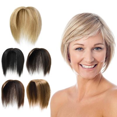 Clip in Remy Human Hair Toppers Natural Black 16 Inch Seamless Hairpiece Toupee for Women Lace Base Topper for Thicking Hair