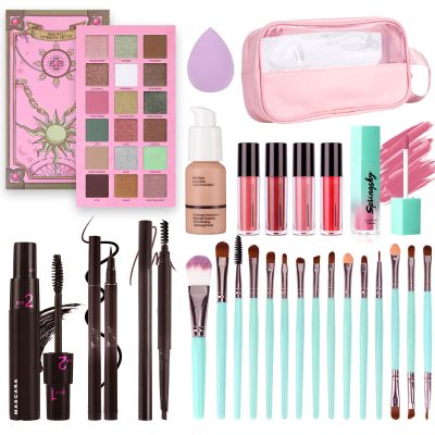 MARBUROLY Full Makeup Kit for Women, 18 Color Eyeshadow, Highlighter, Lipstick, Liquid Blush, Mascara, Liquid Eyeliner, Eyebrow Pencil, Foundation, Sponge,Makeup Bag and 15pcs Makeup Brush