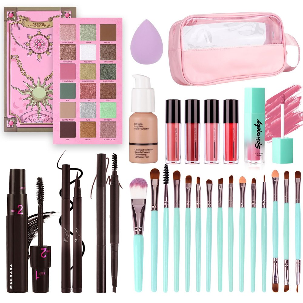 MARBUROLY Full Makeup Kit for Women, 18 Color Eyeshadow, Highlighter, Lipstick, Liquid Blush, Mascara, Liquid Eyeliner, Eyebrow Pencil, Foundation, Sponge,Makeup Bag and 15pcs Makeup Brush