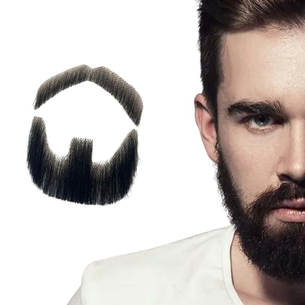 Voloria Fake Beard Human Hair Full Hand Tied Facial Hair Black Goatee False Beards Lace Invisible Fake FaceMustache for Entertainment Drama Party Costume Party (Style-1, Black)