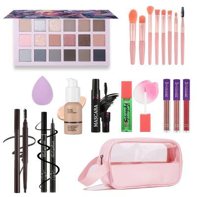 Full Makeup Kit for Women - 18 Eyeshadows, 3 Lipsticks, Blush Oil, Mascara, Eyeliner, Eyebrow Pencil, Foundation, Sponge, Makeup Bag & 8pcs Brushes