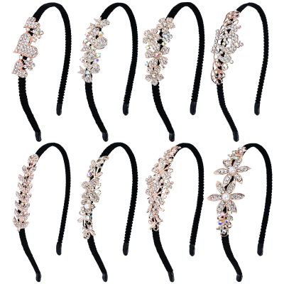 Lawie 8 Pack Rhinestone Flower Butterfly Bowknot Crown Rhinestone Jeweled Sparkly Black Metal Headbands Velvet Covered Thin Hair Bands with Teeth Non Slip Hair Clasp Holder Accessories for Women Girls
