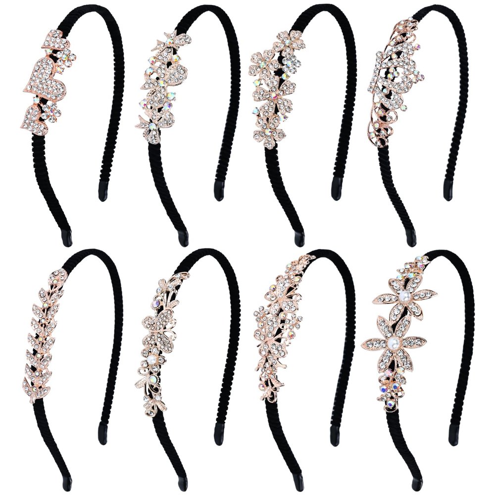 Lawie 8 Pack Rhinestone Flower Butterfly Bowknot Crown Rhinestone Jeweled Sparkly Black Metal Headbands Velvet Covered Thin Hair Bands with Teeth Non Slip Hair Clasp Holder Accessories for Women Girls