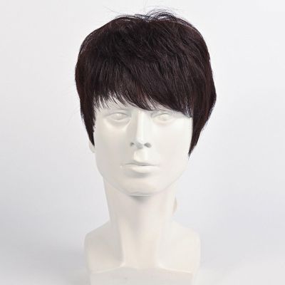 ZBYXPP Short Human Hair Wigs, Short Layered Culy Hair with Bangs for Men Male Guy Daily with Free Cap(Dark Brown)