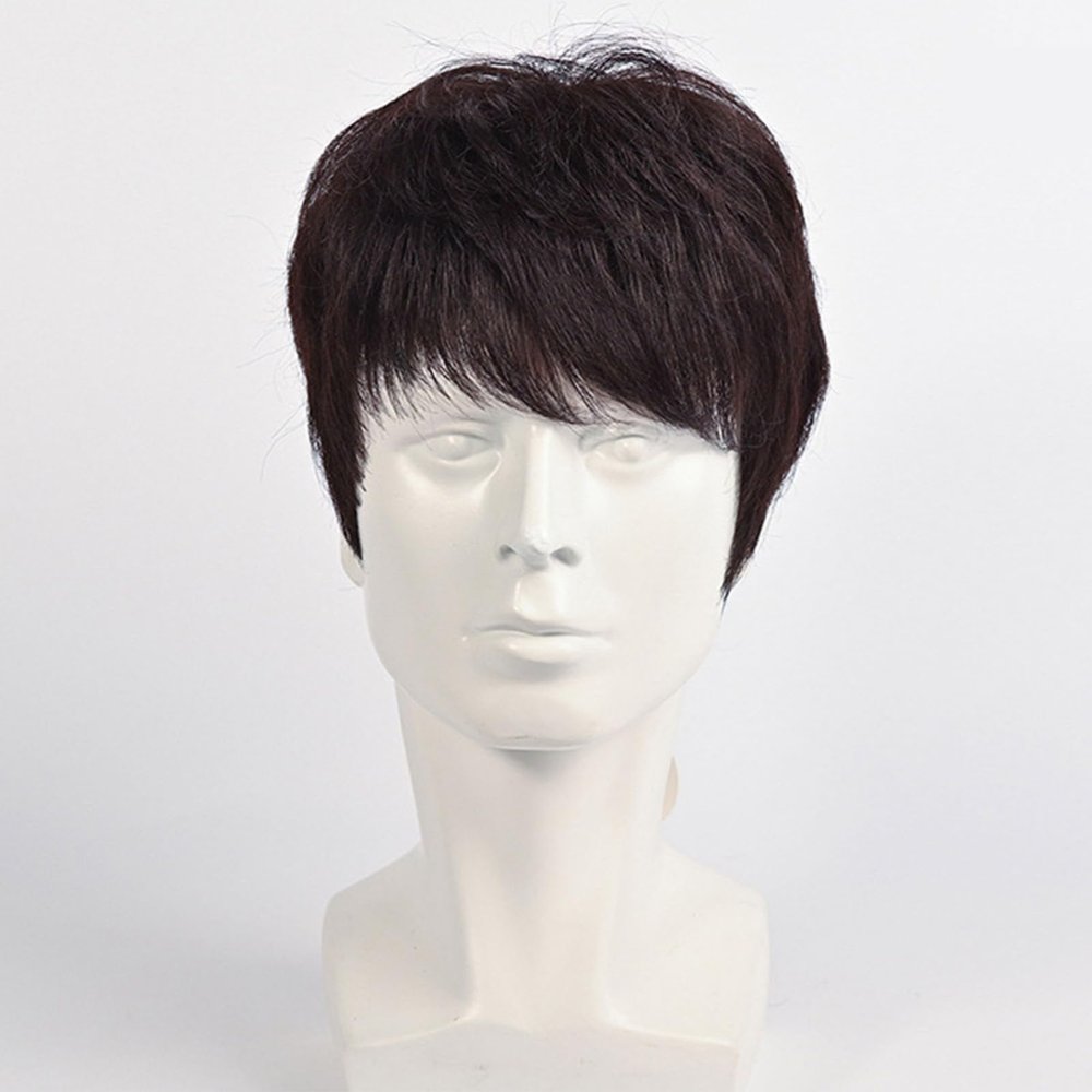 ZBYXPP Short Human Hair Wigs, Short Layered Culy Hair with Bangs for Men Male Guy Daily with Free Cap(Dark Brown)