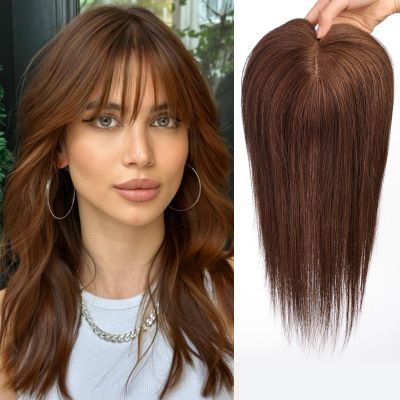HAIRCUBE New Upgrade Human Hair Toppers For Women, 100% Remy Human Hair Topper With Bangs, 150% Density Silk Base Clip In Topper For Women14in 50g - Dark Brown