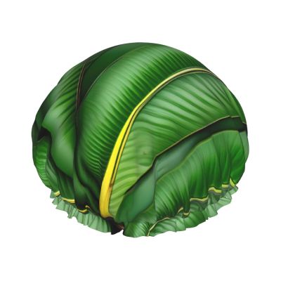 Banana Leaf Green Print Shower Cap, Bath Shower Caps for Women Long Hair, Double Layer Waterproof Bathing Shower Hat