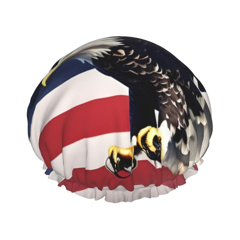 3D Bald Eagle Flying with American Flag Print Shower Cap, Bath Shower Caps for Women Long Hair, Double Layer Waterproof Bathing Shower Hat