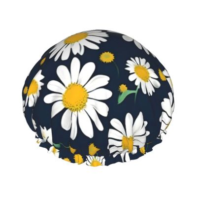 Floral Daisies pattern Print Shower Cap, Bath Shower Caps for Women Long Hair, Double Layer Waterproof Bathing Shower Hat