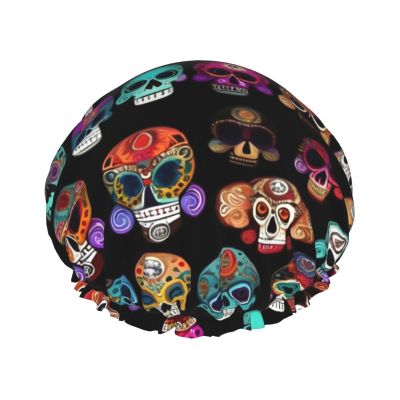 YQxwJL Mexican Colourful Skull Print Shower Cap, Bath Shower Caps for Women Long Hair, Double Layer Waterproof Bathing Shower Hat, Black
