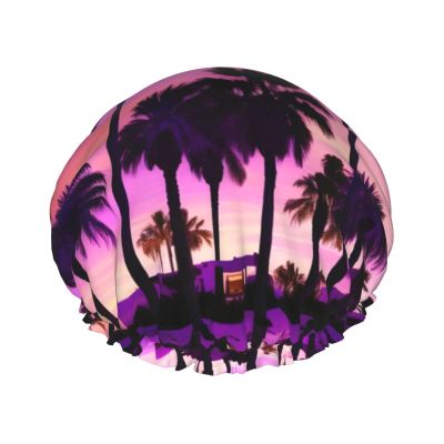 Palm Tree Purple Sunsets Print Shower Cap, Bath Shower Caps for Women Long Hair, Double Layer Waterproof Bathing Shower Hat