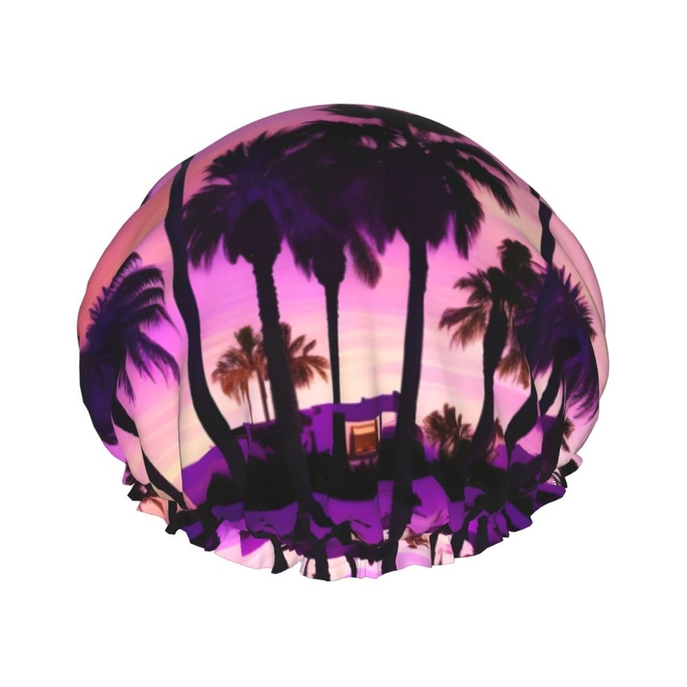Palm Tree Purple Sunsets Print Shower Cap, Bath Shower Caps for Women Long Hair, Double Layer Waterproof Bathing Shower Hat