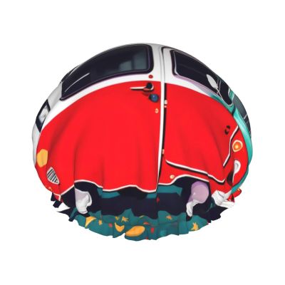 Happy Camper Red Print Shower Cap, Bath Shower Caps for Women Long Hair, Double Layer Waterproof Bathing Shower Hat