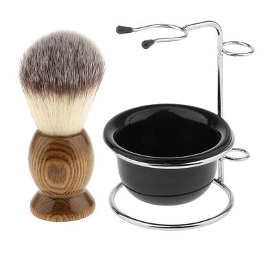 Amagogo Set of 3pcs Wood Shaving Brush + Stainless Steel Holder Stand + Mug Bowl Set