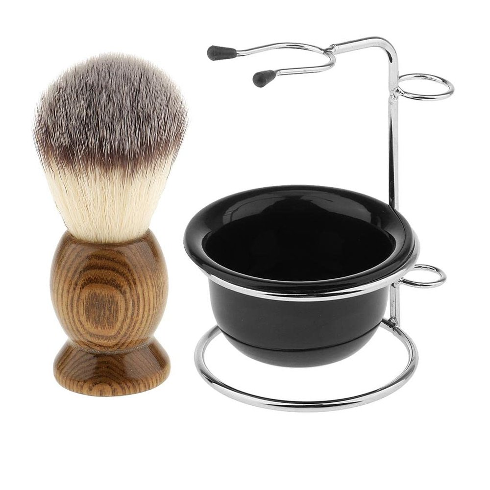 Amagogo Set of 3pcs Wood Shaving Brush + Stainless Steel Holder Stand + Mug Bowl Set