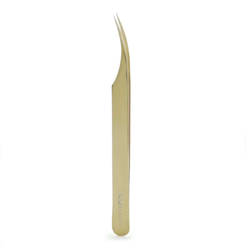 Flirt Curved Isolation Lash Tweezer by SoCal Beauty | Gold Professional Eyelash Tweezer for Eyelash Extensions, Hand-Tested with MM Guide Lash Artists Favorite Precision Eyelash Applicator