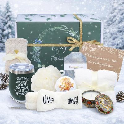 Christmas Gifts for Women  Holiday Spa Gift Box with Tumbler, Bath Bomb, Loofah & Candle | Self-Care Set for Mom, Wife, Grandma or Friend, Perfect for Birthday or Thinking of You.