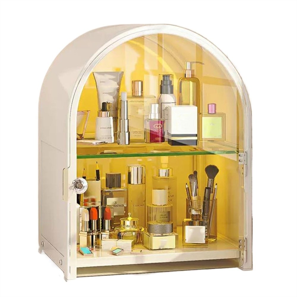 Makeup Organiser Storage 2 Tiers Metal Makeup Cosmetic Storage Organizer Cabinet Box, Easily Organize Your Cosmetics, Jewelry and Skincare, Looks Elegant Sitting on Your Vanity, Bathroom Counter or Dr