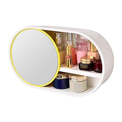 WAOCEO Makeup Organiser Storage Wall Mounted Cosmetic Storage Box Mirror Integrated Shelf Household Bathroom Dressing Table Finishing Wall Free Punching Skincare Display Case