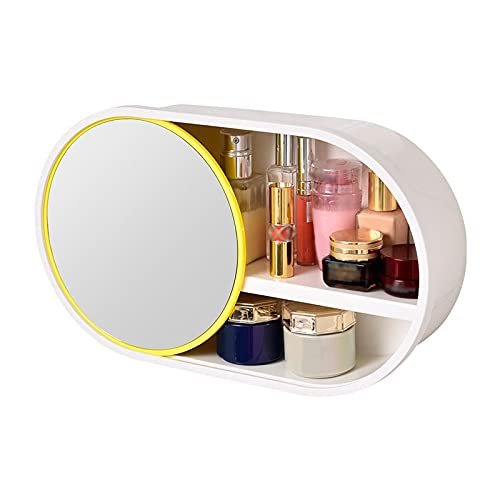 WAOCEO Makeup Organiser Storage Wall Mounted Cosmetic Storage Box Mirror Integrated Shelf Household Bathroom Dressing Table Finishing Wall Free Punching Skincare Display Case
