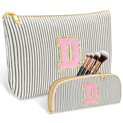 2 PCS Initial Makeup Bag, Personalized Travel Cosmetic Bag/11 12 13 14 15 16 Years Old Girl Gifts, Preppy Stuff Birthday Gifts for Women Friends, Skincare Bag, Teen Girl Gift Trendy StuffBlack D