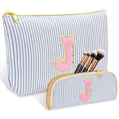 2 PCS Initial Makeup Bag, Personalized Travel Cosmetic Bag/11 12 13 14 15 16 Year Old Girl Gifts, Preppy Stuff Birthday Gifts for Women Friends, Skincare Bag, Teen Girl Gift Trendy Stuff, Blue J