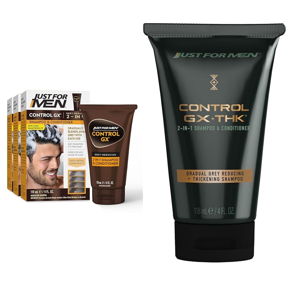 Just For Men Control GX Grey Reducing 2-in-1 Shampoo and Conditioner, Gradual Hair Color & Control GX + THK Thickening Shampoo and Conditioner with Grey Reduction, 4 oz