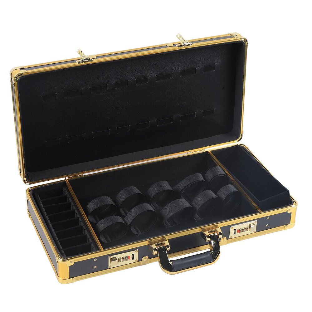 Professional Barber Case, Hair Kit Organizer Storage Portable Travel Stylist Tool Box Barber Supplies and Clippers Display Storage with Handle & Secure Numlock (Gold)
