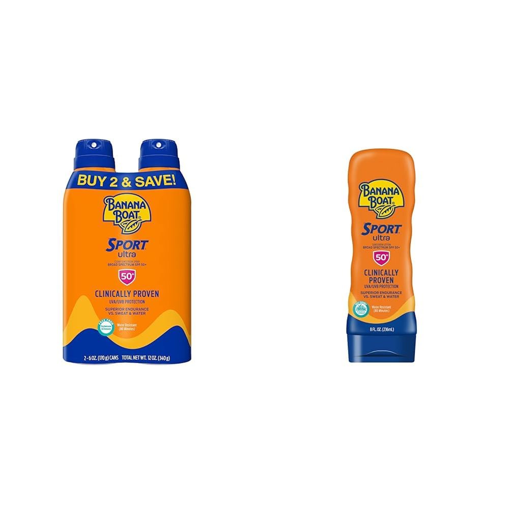 Banana Boat Ultra Sport Sunscreen Spray, SPF 50, 6oz (Pack of 2) & Sport Ultra SPF 50 Sunscreen Lotion, 8oz | Banana Boat Sunscreen SPF 50 Lotion & Spray Bundle