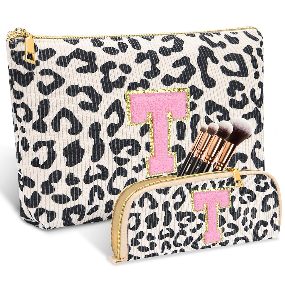 2 PCS Initial Makeup Bag, Personalized Travel Cosmetic Bag/11 12 13 14 15 16 Year Old Girl Gifts, Preppy Stuff Birthday Gifts for Women Friends, Skincare Bag, Teen Girl Gift Trendy Stuff, Leopard T