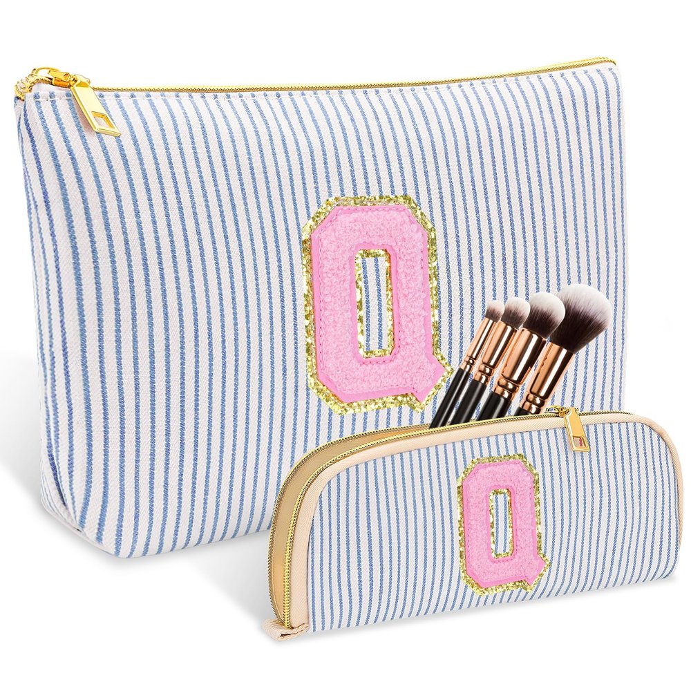2 PCS Initial Makeup Bag, Personalized Travel Cosmetic Bag/11 12 13 14 15 16 Year Old Girl Gifts, Preppy Stuff Birthday Gifts for Women Friends, Skincare Bag, Teen Girl Gift Trendy Stuff, Blue Q