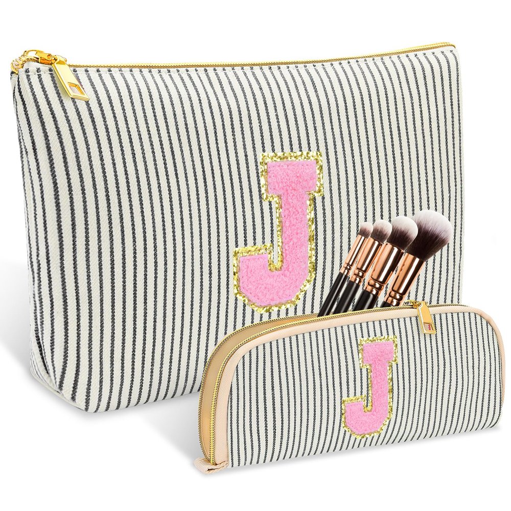 2 PCS Initial Makeup Bag, Personalized Travel Cosmetic Bag/11 12 13 14 15 16 Years Old Girl Gifts, Preppy Stuff Birthday Gifts for Women Friends, Skincare Bag, Teen Girl Gift Trendy StuffBlack J