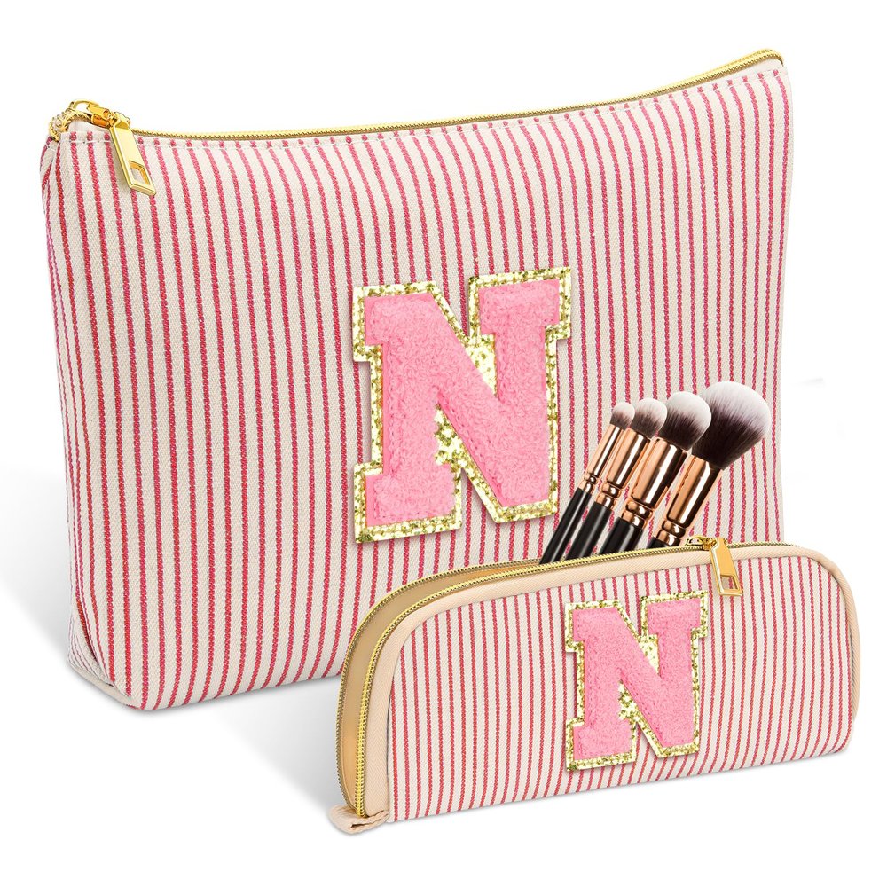 2 PCS Initial Makeup Bag, Personalized Travel Cosmetic Bag/11 12 13 14 15 16 Years Old Girl Gifts, Preppy Stuff Birthday Gifts for Women Friends, Skincare Bag, Teen Girl Gift Trendy Stuff, Red N