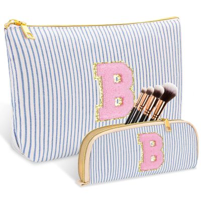 2 PCS Initial Makeup Bag, Personalized Travel Cosmetic Bag/11 12 13 14 15 16 Year Old Girl Gifts, Preppy Stuff Birthday Gifts for Women Friends, Skincare Bag, Teen Girl Gift Trendy Stuff, Blue B