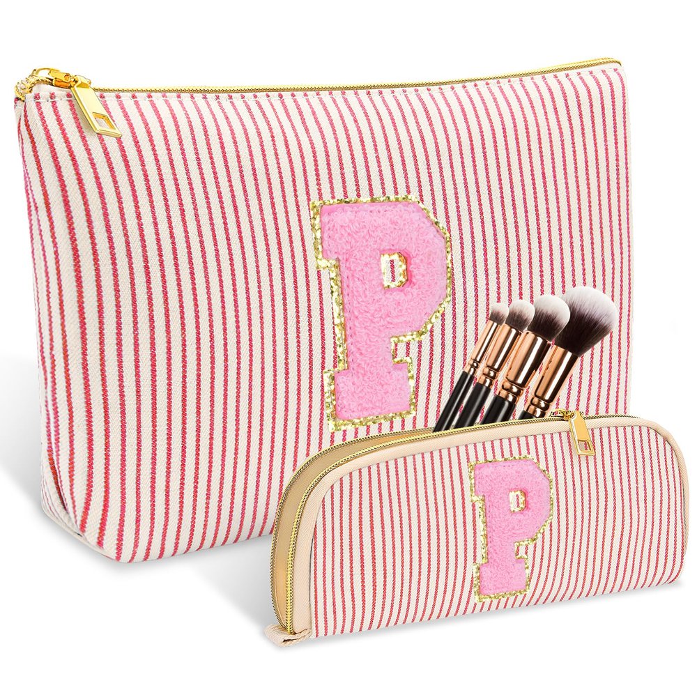 2 PCS Initial Makeup Bag, Personalized Travel Cosmetic Bag/11 12 13 14 15 16 Years Old Girl Gifts, Preppy Stuff Birthday Gifts for Women Friends, Skincare Bag, Teen Girl Gift Trendy Stuff, Red P