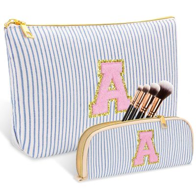 2 PCS Initial Makeup Bag, Personalized Travel Cosmetic Bag/11 12 13 14 15 16 Year Old Girl Gifts, Preppy Stuff Birthday Gifts for Women Friends, Skincare Bag, Teen Girl Gift Trendy Stuff, Blue A