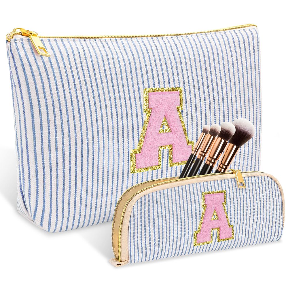2 PCS Initial Makeup Bag, Personalized Travel Cosmetic Bag/11 12 13 14 15 16 Year Old Girl Gifts, Preppy Stuff Birthday Gifts for Women Friends, Skincare Bag, Teen Girl Gift Trendy Stuff, Blue A