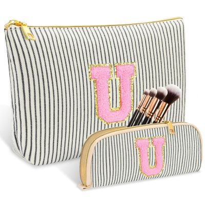 2 PCS Initial Makeup Bag, Personalized Travel Cosmetic Bag/11 12 13 14 15 16 Years Old Girl Gifts, Preppy Stuff Birthday Gifts for Women Friends, Skincare Bag, Teen Girl Gift Trendy StuffBlack U